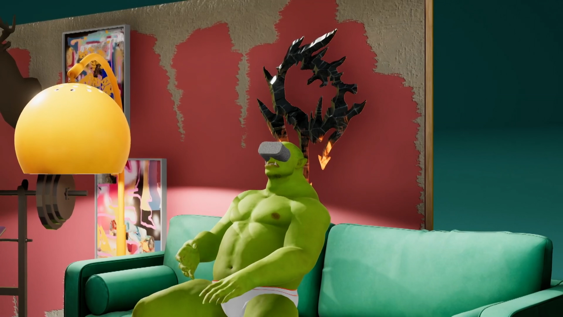 an orc has vr glasses on in a sims like environment and sits on the sofa