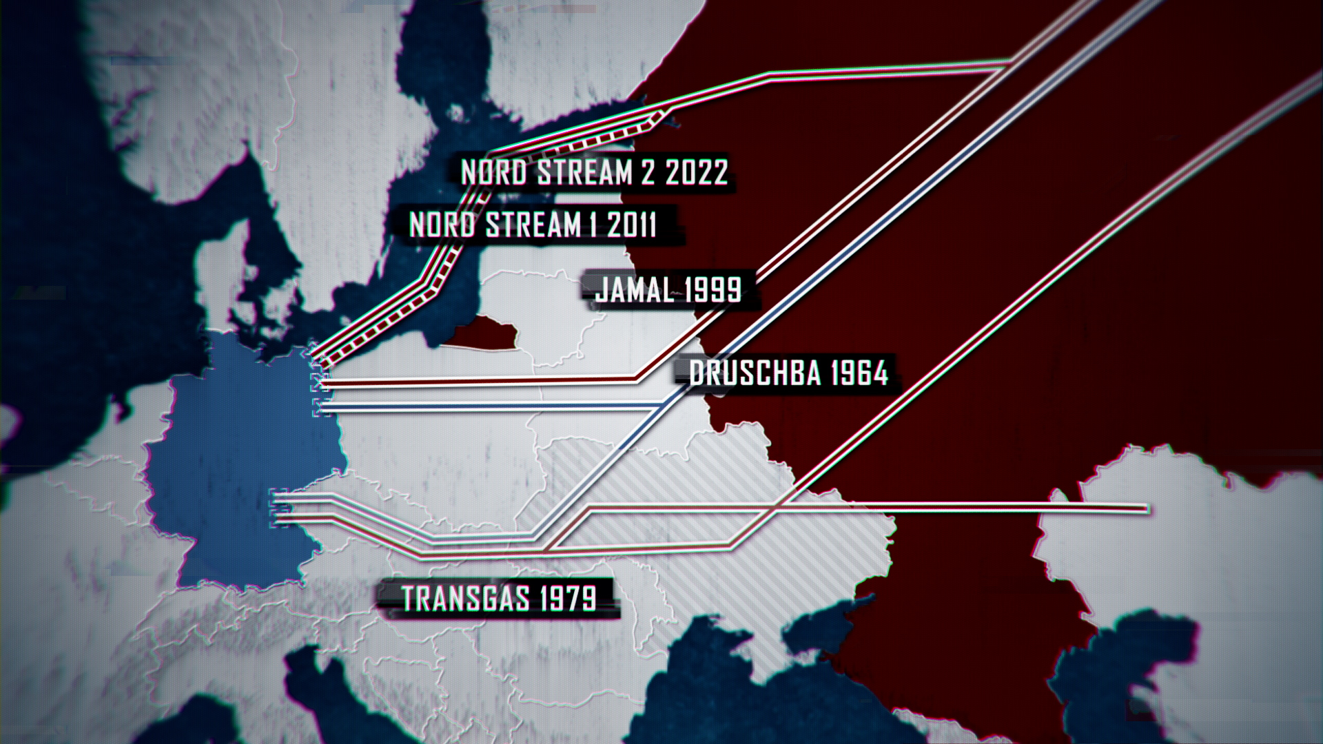 animation graphic shows all gas pipelines from russia to germany